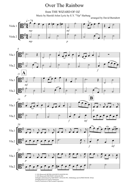 Free Sheet Music Over The Rainbow From The Wizard Of Oz For Viola Duet