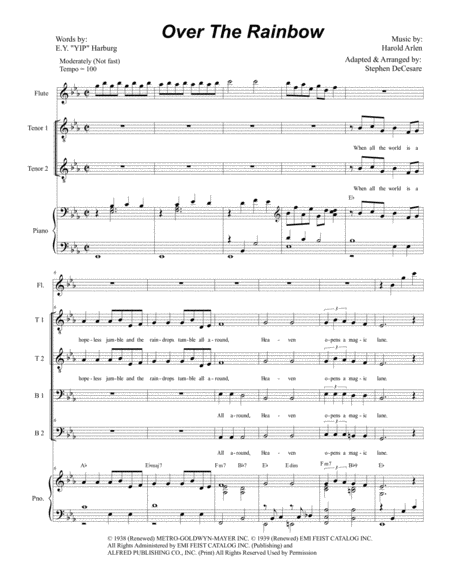 Over The Rainbow From The Wizard Of Oz For Vocal Quartet Ttbb Sheet Music