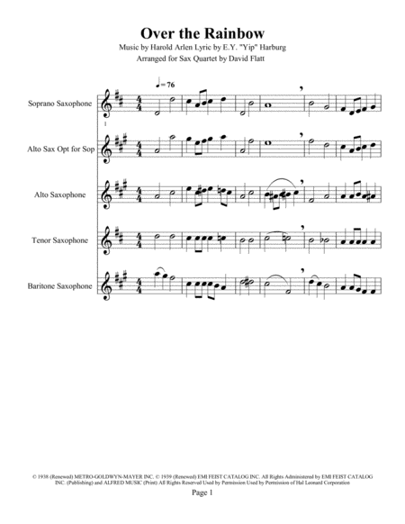 Over The Rainbow From The Wizard Of Oz Fors A Atb Sax Quartet Sheet Music