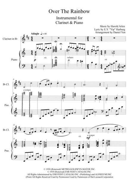 Over The Rainbow From The Wizard Of Oz Instrumental Version For Clarinet Piano Sheet Music