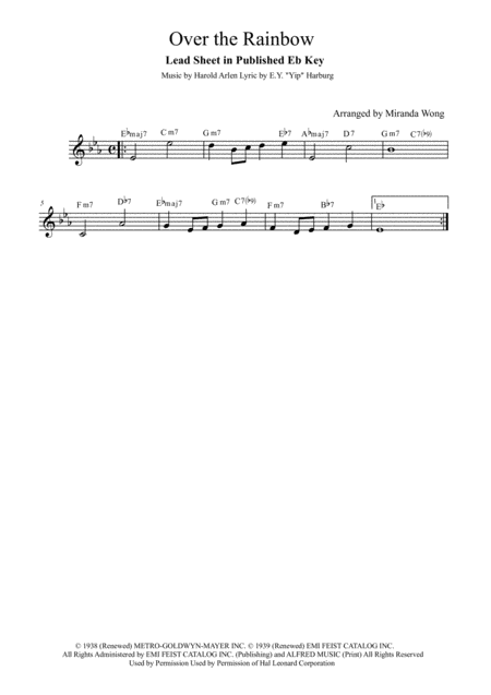 Over The Rainbow From The Wizard Of Oz Lead Sheet In Eb C F Key With Chords Sheet Music