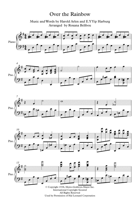 Free Sheet Music Over The Rainbow From The Wizard Of Oz Piano