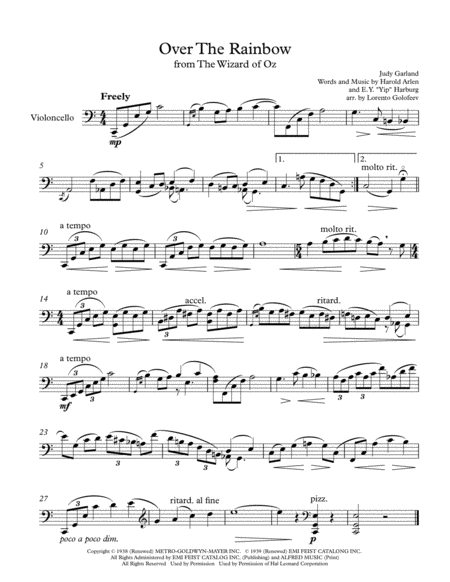 Over The Rainbow From The Wizard Of Oz Solo Cello Sheet Music