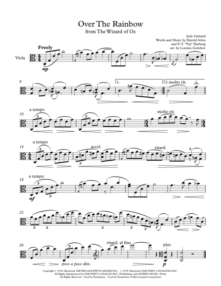 Over The Rainbow From The Wizard Of Oz Solo Viola Sheet Music