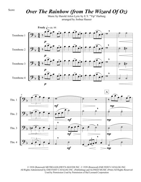 Over The Rainbow From The Wizard Of Oz Trombone Quartet Sheet Music