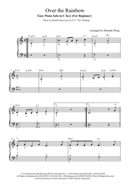 Over The Rainbow From The Wizard Of Oz Very Easy Piano Solo In C Key With Fingerings Sheet Music