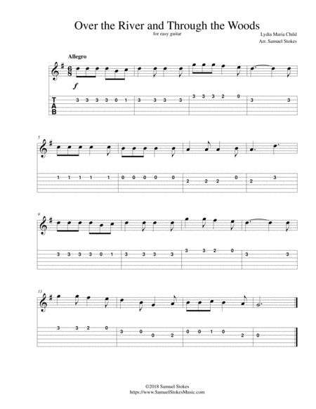 Over The River And Through The Woods For Easy Guitar With Tab Sheet Music