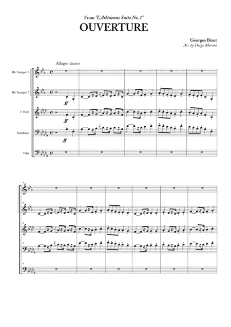 Free Sheet Music Overture From L Arlesienne Suite No 1 For Brass Quintet