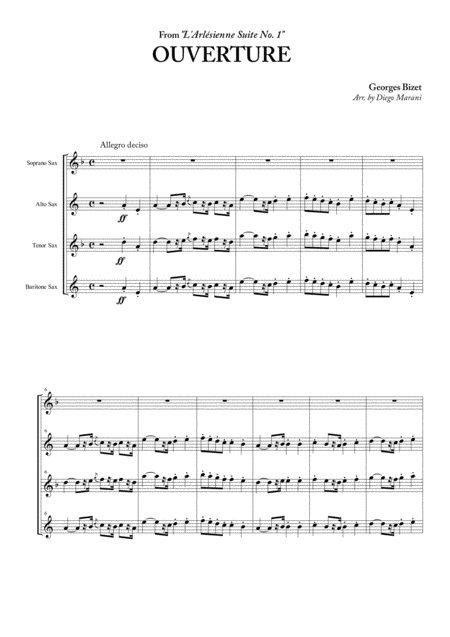 Free Sheet Music Overture From L Arlesienne Suite No 1 For Saxophone Quartet