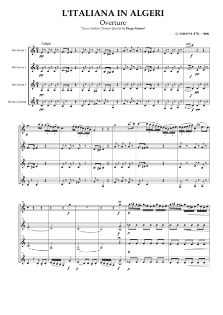 Overture From L Italiana In Algeri For Clarinet Quartet Sheet Music