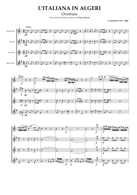 Overture From L Italiana In Algeri For Saxophone Quartet Satb Sheet Music