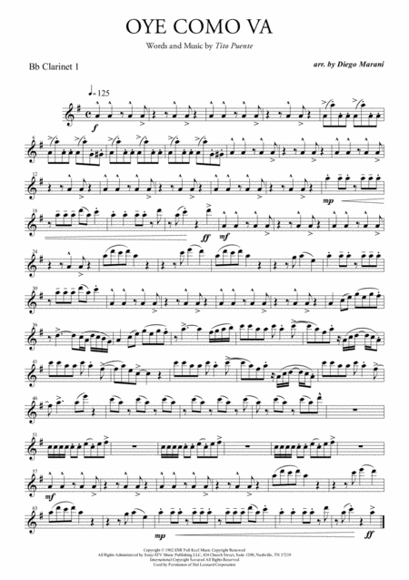 Oye Como Va For Clarinet Quartet Sheet Music