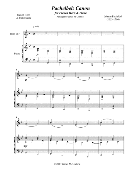 Pachelbel Canon For French Horn Piano Sheet Music