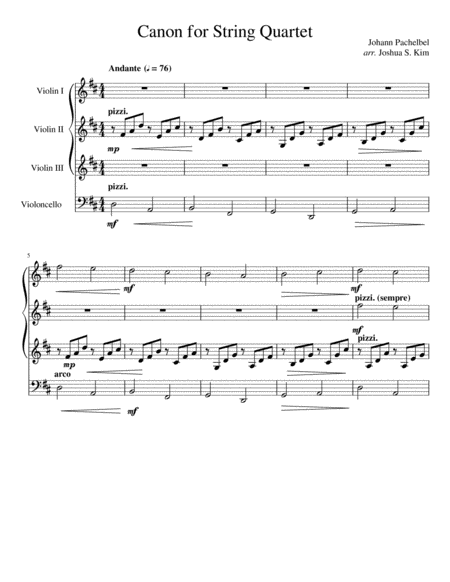 Pachelbel Canon For String Quartet 3 Violins A Cello Sheet Music