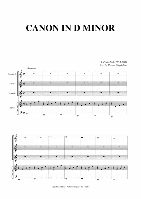 Pachelbel Canon In D Arr For Stb Choir And Organ Transposed In C Sheet Music