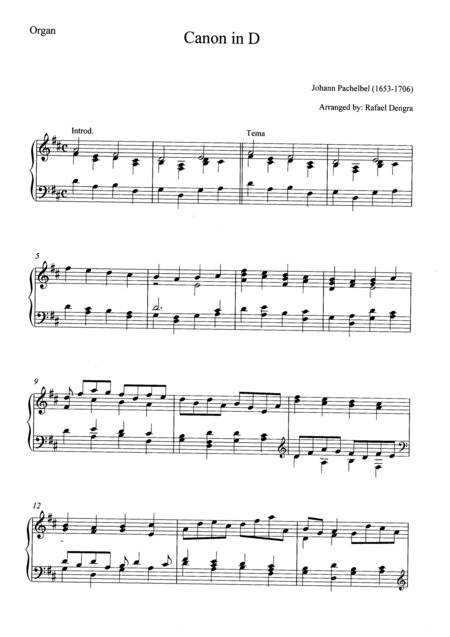 Pachelbel Canon In D Arranged By Rafael Dengra Organ Part Sheet Music