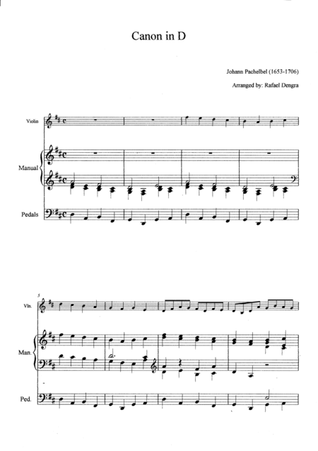 Free Sheet Music Pachelbel Canon In D Arranged By Rafael Dengra Violin Organ Manual Full Score