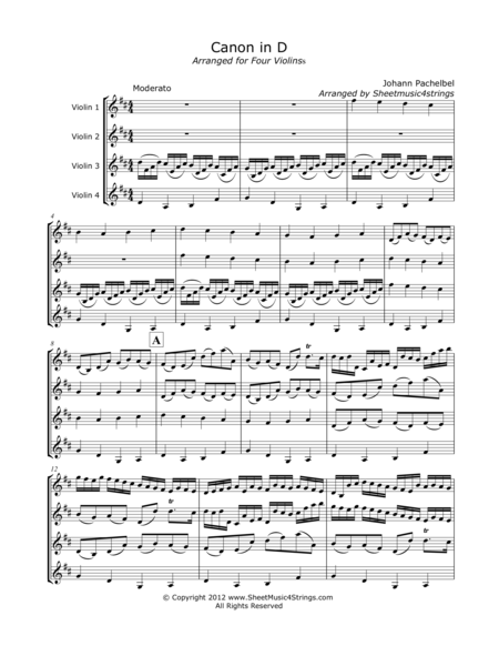 Pachelbel Canon In D For Four Violins Sheet Music