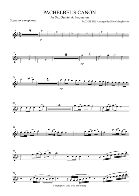 Free Sheet Music Pachelbels Cannon For Sax Quintet Percussion Soprano Saxophone