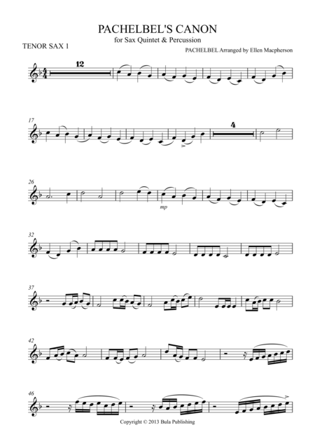 Free Sheet Music Pachelbels Cannon For Sax Quintet Percussion Tenor Sax 1