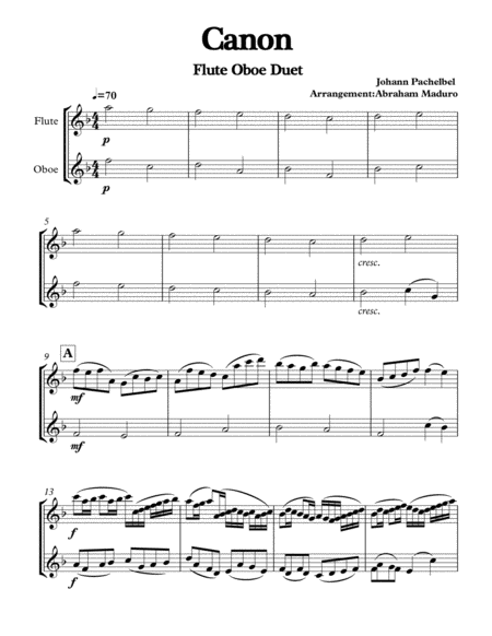 Pachelbels Canon Flute Oboe Duet Sheet Music