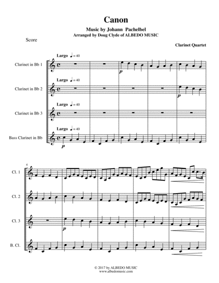 Free Sheet Music Pachelbels Canon For Clarinet Quartet