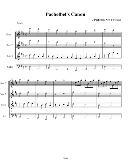 Pachelbels Canon For Flute Trio With Optional Cello Or Other Bass Instrument Sheet Music