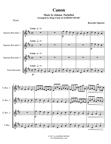 Pachelbels Canon For Recorder Quartet Sheet Music