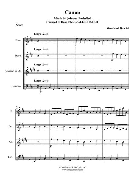 Free Sheet Music Pachelbels Canon For Woodwind Quartet