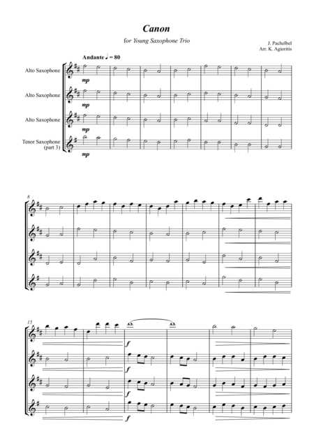 Pachelbels Canon For Young Saxophone Trio Sheet Music