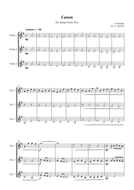 Free Sheet Music Pachelbels Canon For Young Violin Trio