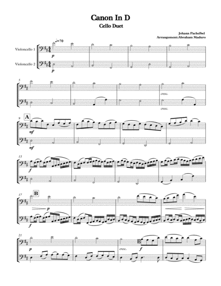 Pachelbels Canon In D Cello Duet Sheet Music