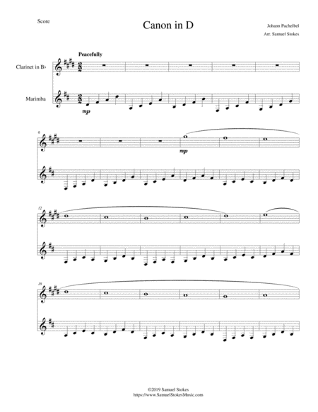 Free Sheet Music Pachelbels Canon In D For Clarinet And Marimba