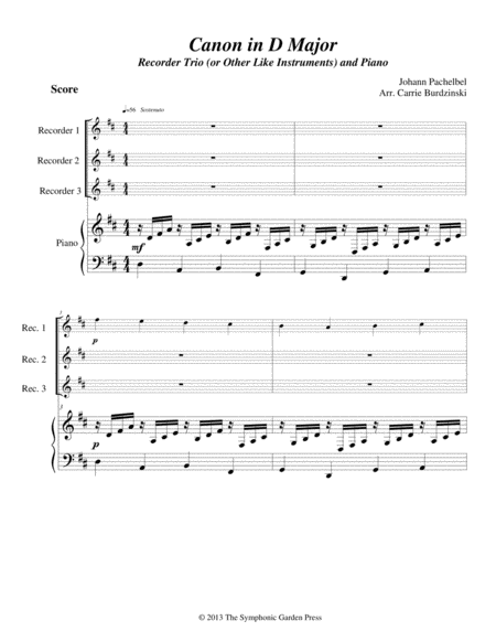 Free Sheet Music Pachelbels Canon In D Major Flute Oboe Or Recorder Trio With Piano