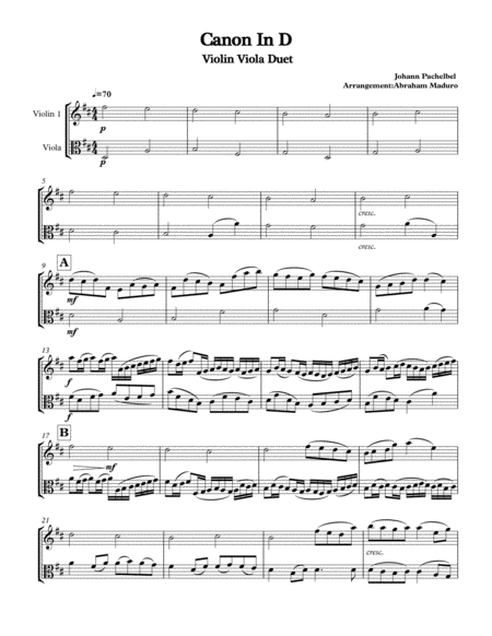 Free Sheet Music Pachelbels Canon In D Violin Viola Duet