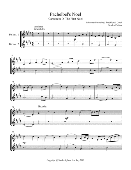 Free Sheet Music Pachelbels Noel Treble Bb Instrument Duet Parts Only