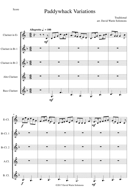 Paddywhack Variations For Clarinet Quintet Lower Version Sheet Music