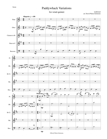 Paddywhack Variations For Wind Quintet Sheet Music