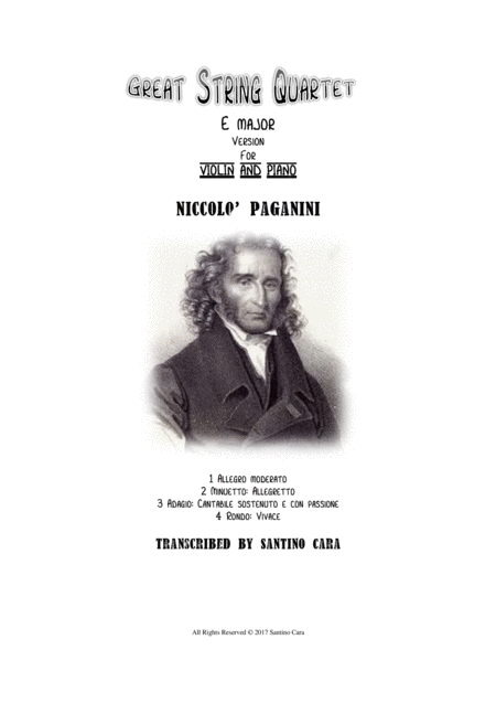 Free Sheet Music Paganini Great String Quartet In E Major Version For Violin And Piano