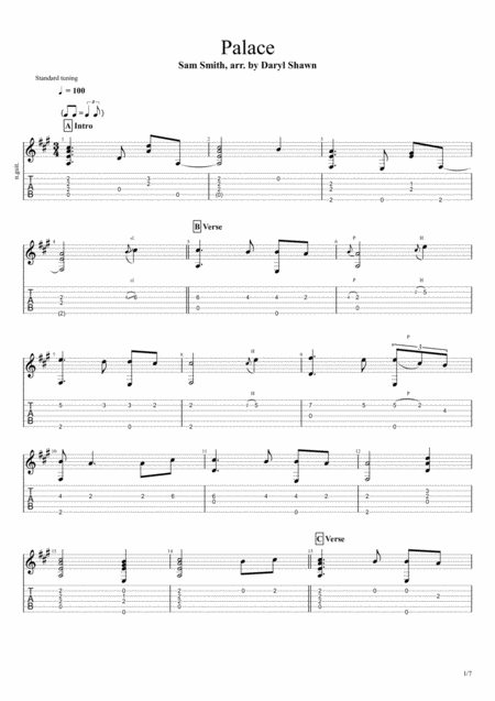 Palace Sam Smith For Solo Fingerstyle Guitar Sheet Music