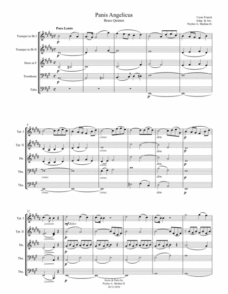 Panis Angelicus Cesar Franck For Brass Quintet Sheet Music