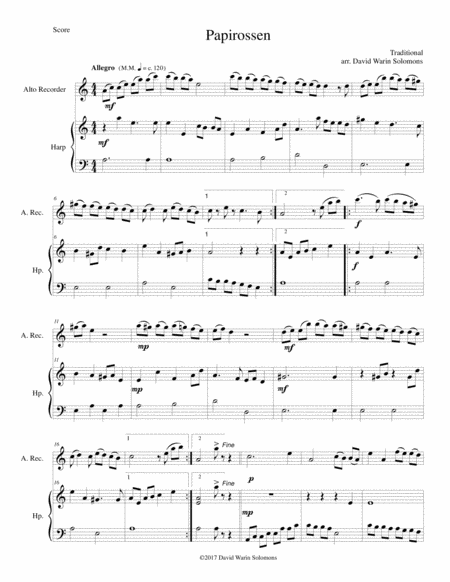 Papirossen For Alto Recorder And Harp Sheet Music