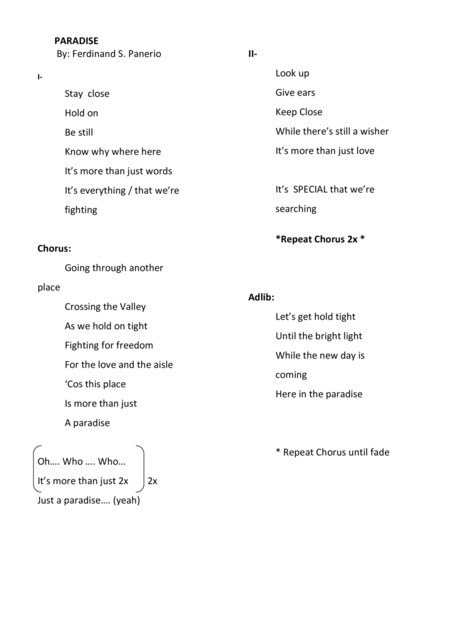 Paradise A Soldier Love Story Sheet Music