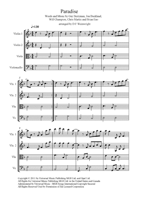 Paradise Arranged For String Quartet With Score Parts And Mp3 Sheet Music