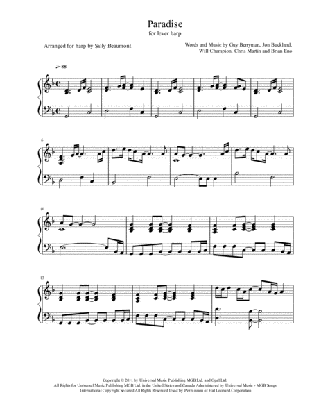 Free Sheet Music Paradise Cold Play Harp Solo
