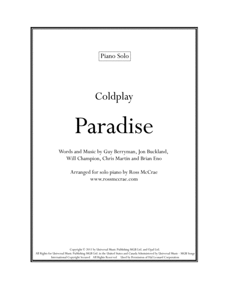 Paradise Piano Solo Sheet Music