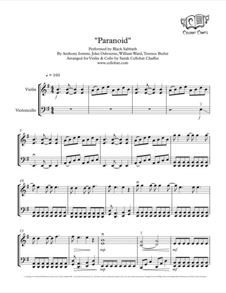 Paranoid Violin Cello Duet Black Sabbath Arr Cellobat Sheet Music