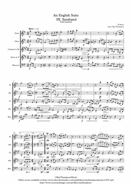 Parry An English Suite Iii Sarabande Wind Quintet Sheet Music