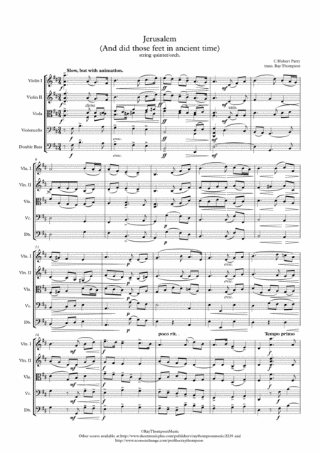 Parry Jerusalem And Did Those Feet In Ancient Times String Quintet Orchestra Sheet Music