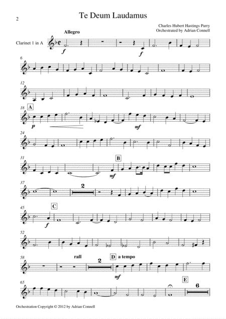 Free Sheet Music Parry Te Deum Orchestrated By Adrian Connell Clarinet 1 In A